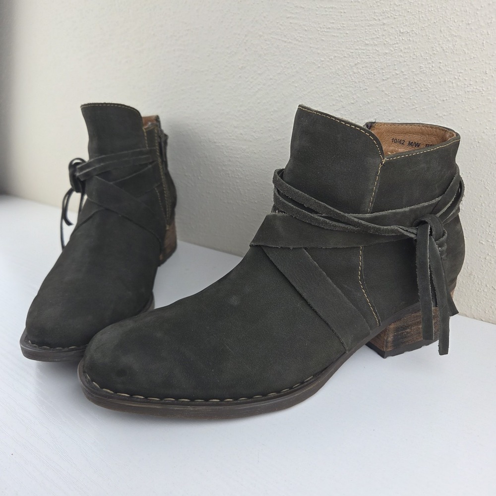 Born Migo Dark Olive Green Leather Fringe Wrap‎ Ankle Zip Boots Women's Size 10